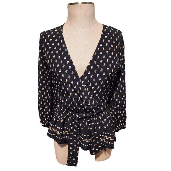 Faithful the Brand Anthropologie Black La Terrace Print Wrap Blouse Shirt Top XS - Picture 4 of 16